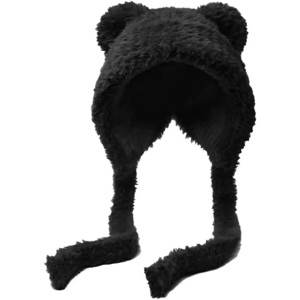 Women Black Winter Beanie Hats Knit Ear Flaps Cute Stuffed Bear Ears Fleece